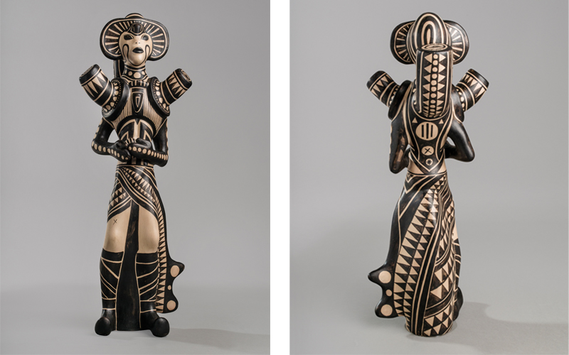 Virgil Ortiz (Cochiti Pueblo), Ancient Elder/Pueblo Revolt 1680 – 2180 (front view), 2012, Clay, 20 x 7.5 x 2. in. Rockwell Museum Purchase by Silver Dollar Society. 2014.6.1. The Rockwell Museum.