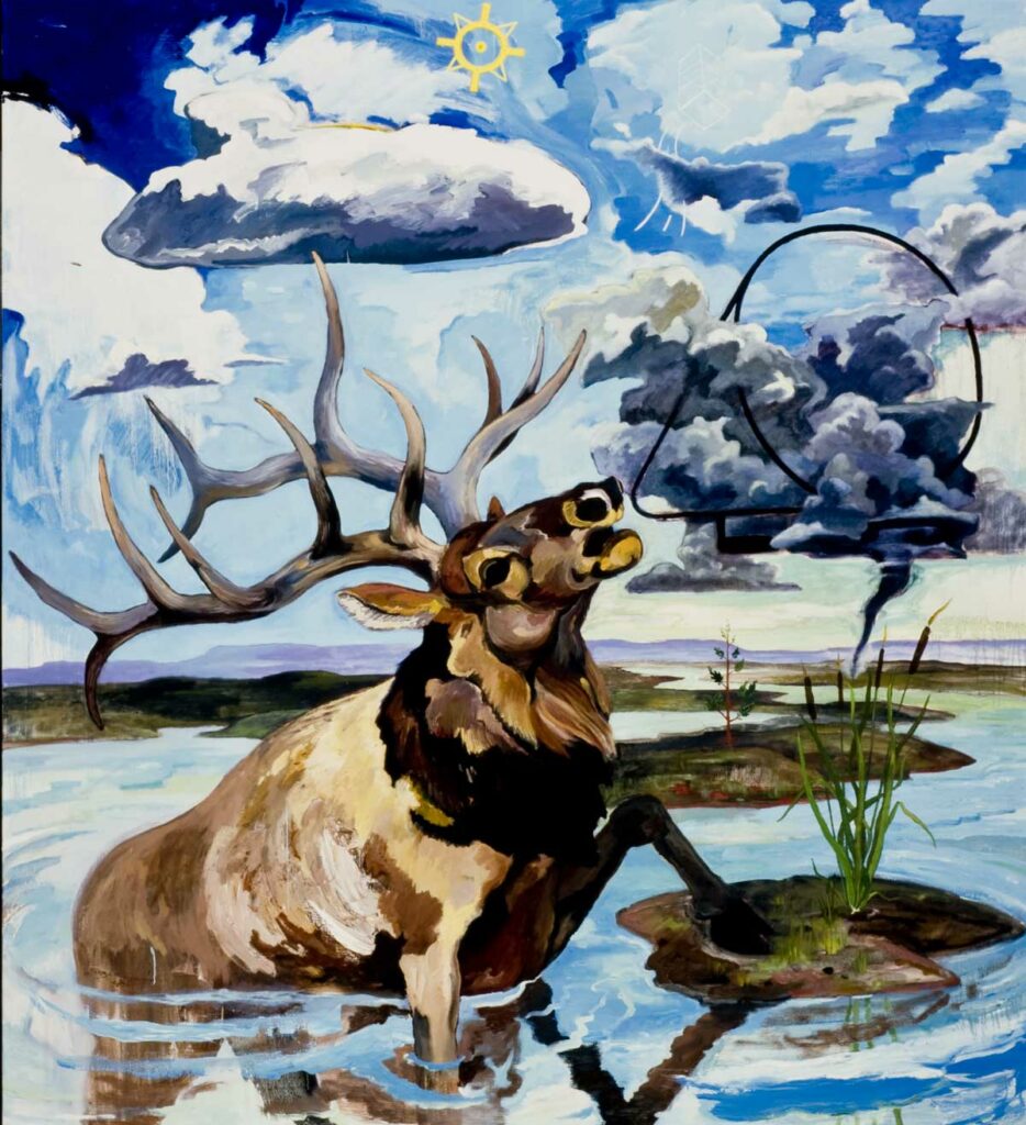 Oil painting depicting elk coming out of lake with many surrounding native symbolisms.