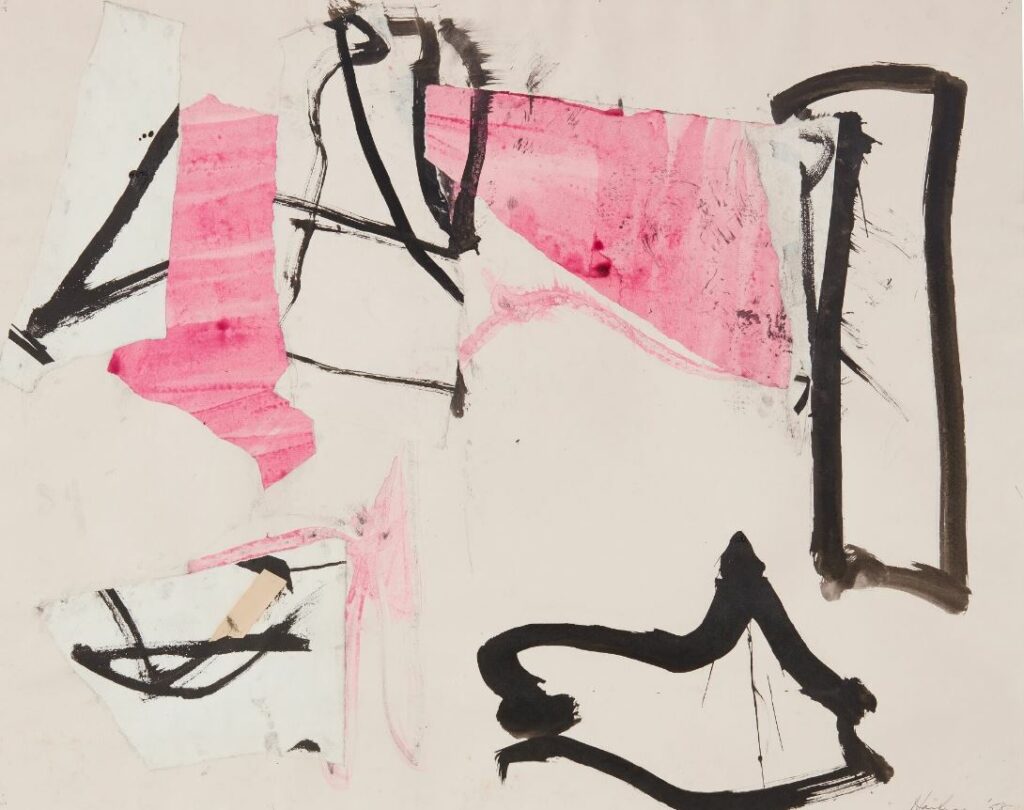 abstract collage and painting, pink, black