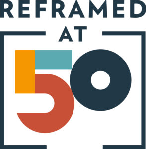 colorful Logo lockup with words "Reframed at 50"